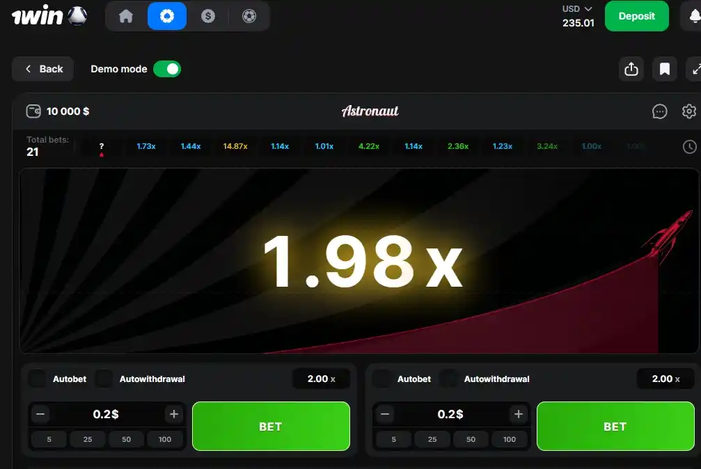 Astronaut Game 1win online screenshot showing 1.98x multiplier on desktop